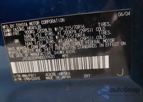 2004 Toyota Rav4 from USA, damaged, VIN JTEGD20V940039830